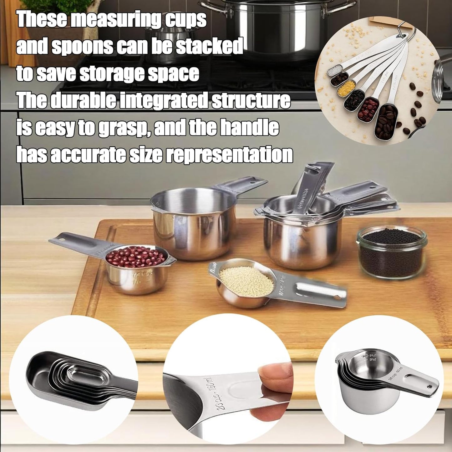 Measuring cup and spoon set stainless steel 13 inch 18/8 stainless steel: 7 measuring cups and 5 measuring spoons, with a professional magnetic measurement conversion table