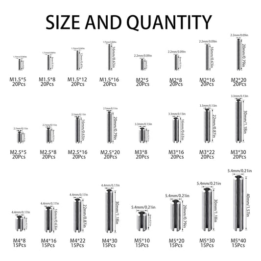 440Pcs 304 Stainless Steel Slotted Spring Pin Assortment Kit, M1.5 M2 M2.5 M3 M4 M5 Split Expansion Dowel Tension Roll Pins