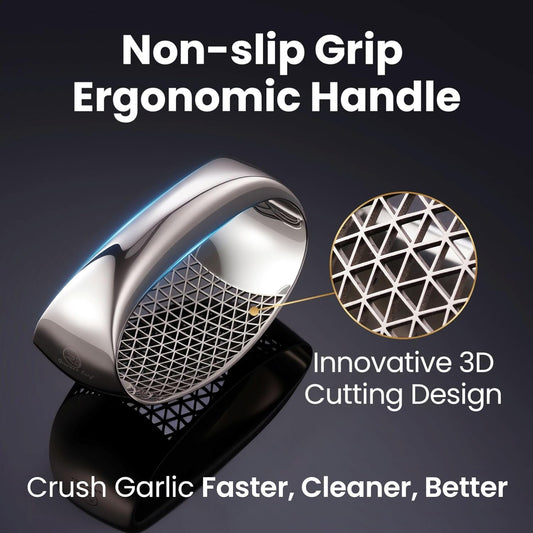 Full Stainless Steel Garlic Press Rocker with Eject Base + Scraper Spoon, Innovative 3D Cutting, Easy Crush & Clean Garlic Mincer, Premium Garlic Peeler Tool with Ergonomic Grip, 5-Year Warranty
