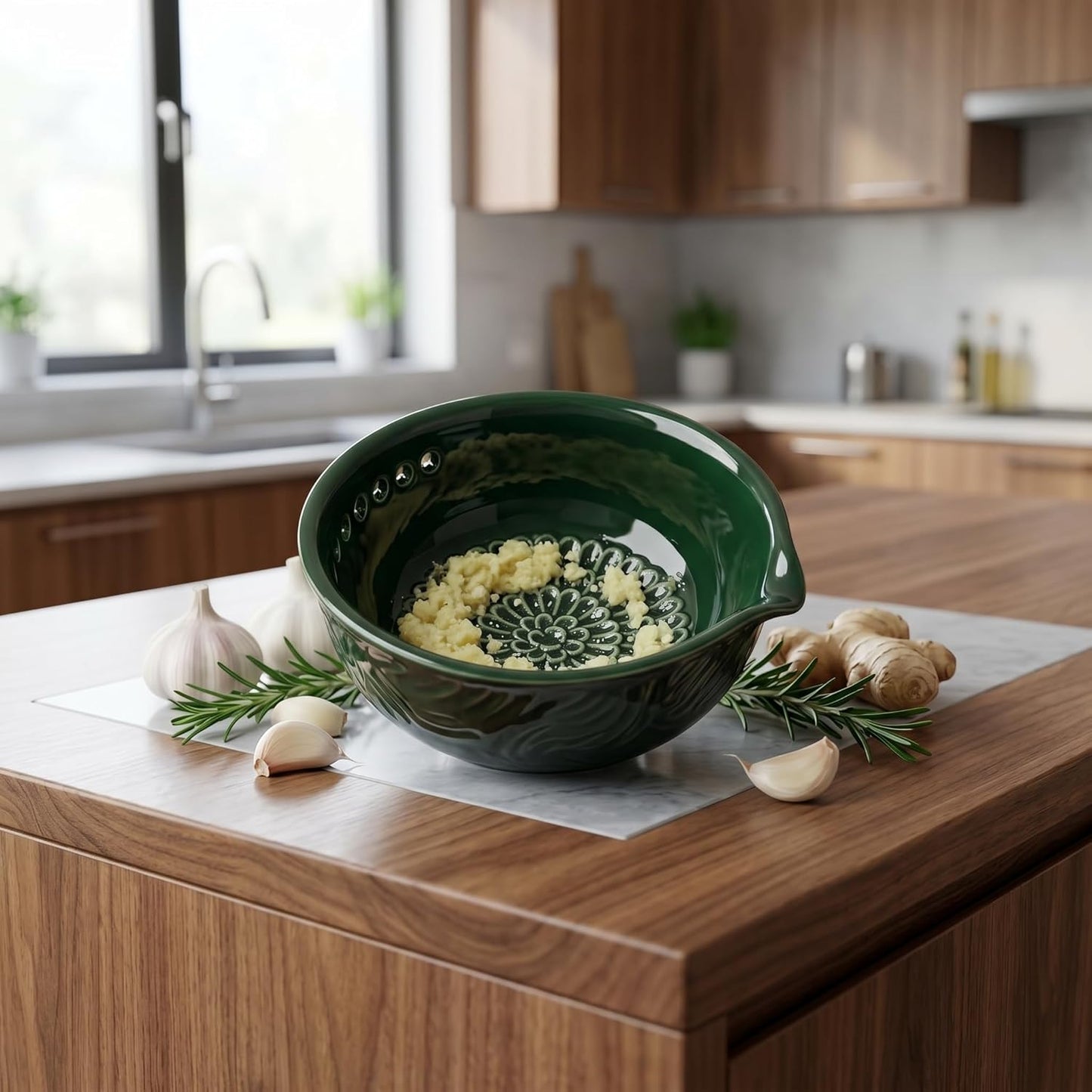 Ceramic Grater Bowl with Herb Stripper & Cleaning Brush, 3-in-1 Kitchen Tool for Garlic, Ginger & Vegetables, Easy to Clean Stripping Bowl for Kale, Rosemary, Thyme, and Basil, Dishwasher Safe-Green