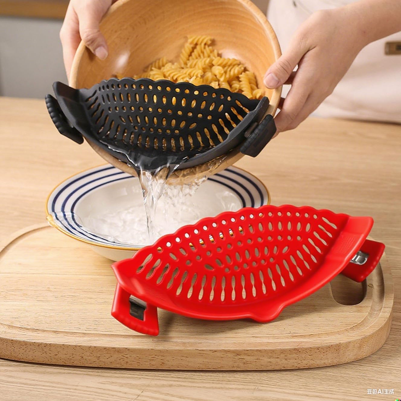 2 PACK Silicone Clip-on Strainer - Fits Pots, Pans & Pasta, Hands-Free Food Strainer for Ground Beef, Spaghetti, Pasta, Compatible with All Bowls and Pots