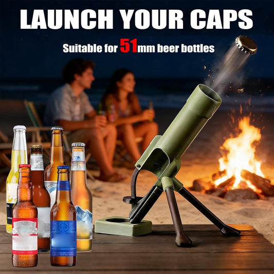 Mortar Bottle Opener, 51mm Beer Bottle Mortar Opener, Heavy-Duty Tactical Cap Launcher, Funny Hands-Free Push Down Bottles Cap Launcher, Home Party Bar Desk Decor