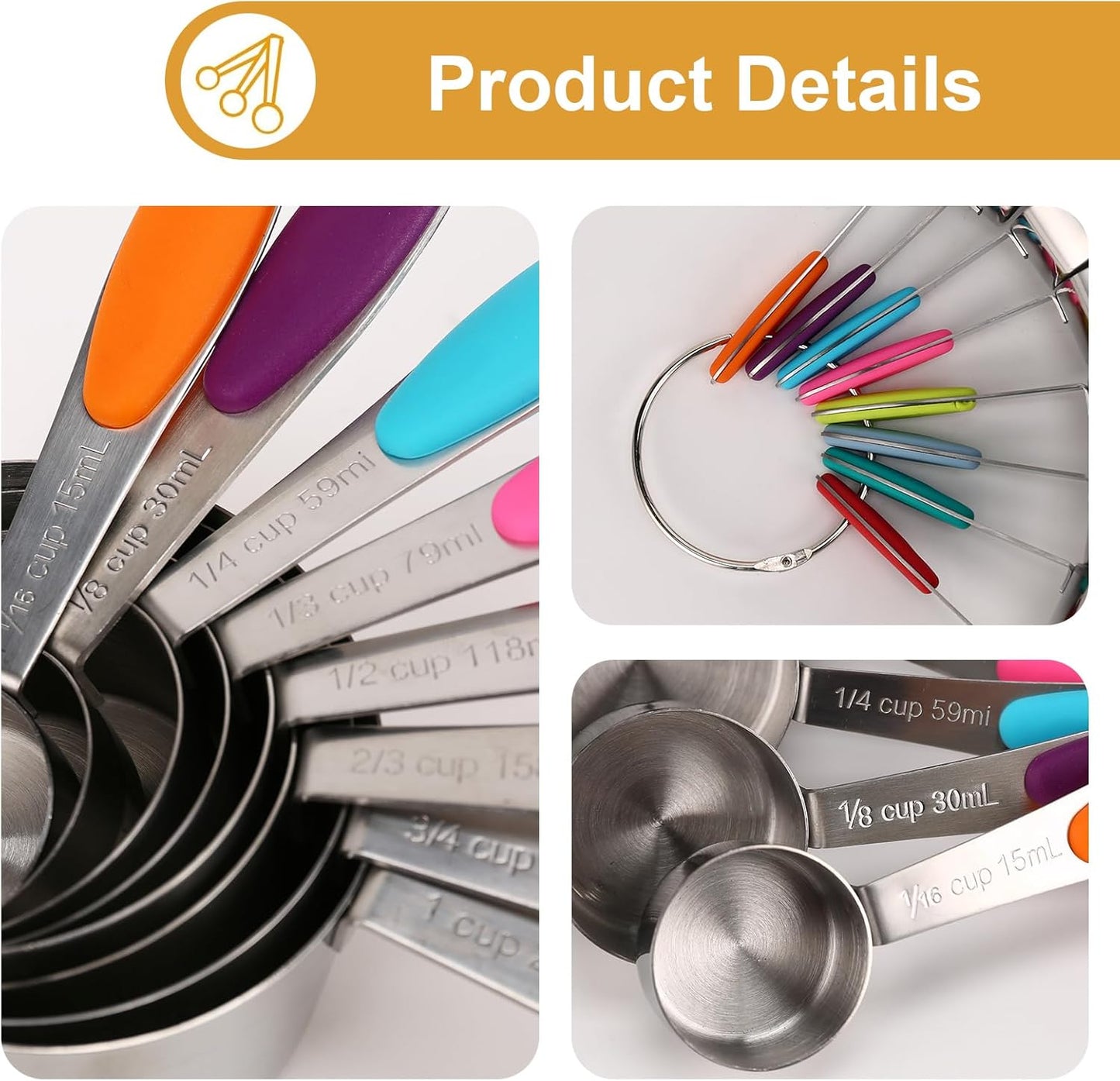 Stainless steel measuring cup set, consisting of 8 cups, suitable for cooking and baking.