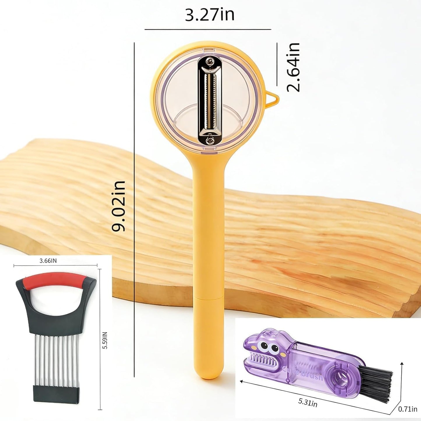 3-Piece Kitchen Set – Stainless Steel Onion Holder Slicer with 10 Forks, Peeler with Storage Box, 3-in-1 Cup Lid & Gap Brush – for Slicing Potato, Avocado, Eggs, Lemon, Meat