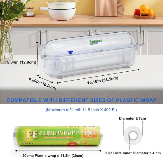 Refillable Plastic Wrap Dispenser with Slide Cutter Food Preservation Storage Set Reusable Dispenser - Nail-Free Wall Mounting/Countertop Use Cutting Box