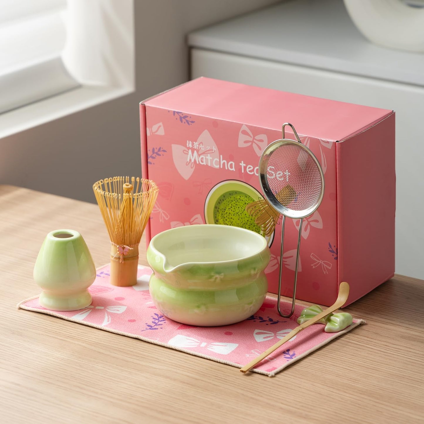 DWEHIXBUY Matcha Kit 7-Pcs matcha whisk set, Measuring Spoon, Japanese Tea Making Tools,Cha, tea bowl, pink matcha set (rosy)