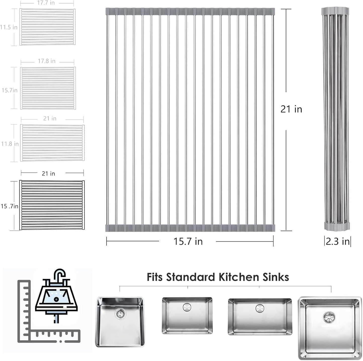 Tomorotec Roll Up Dish Drying Rack Over The Sink Grey Large Dish Drying Rack Rolling Foldable Collapsible SUS304 Stainless Steel Multipurpose Dish Drainer for Kitchen Counter (21”x15.7”)