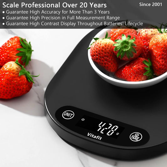 Vitafit 33lb/15kg Digital Food Scale in High Precision 0.1oz/1g, Our Own Kitchen Scale Professional Factory Since 2001, Home and Kitchen Essentials for Cooking and Baking, LED, 3*AAA Batteries, Black