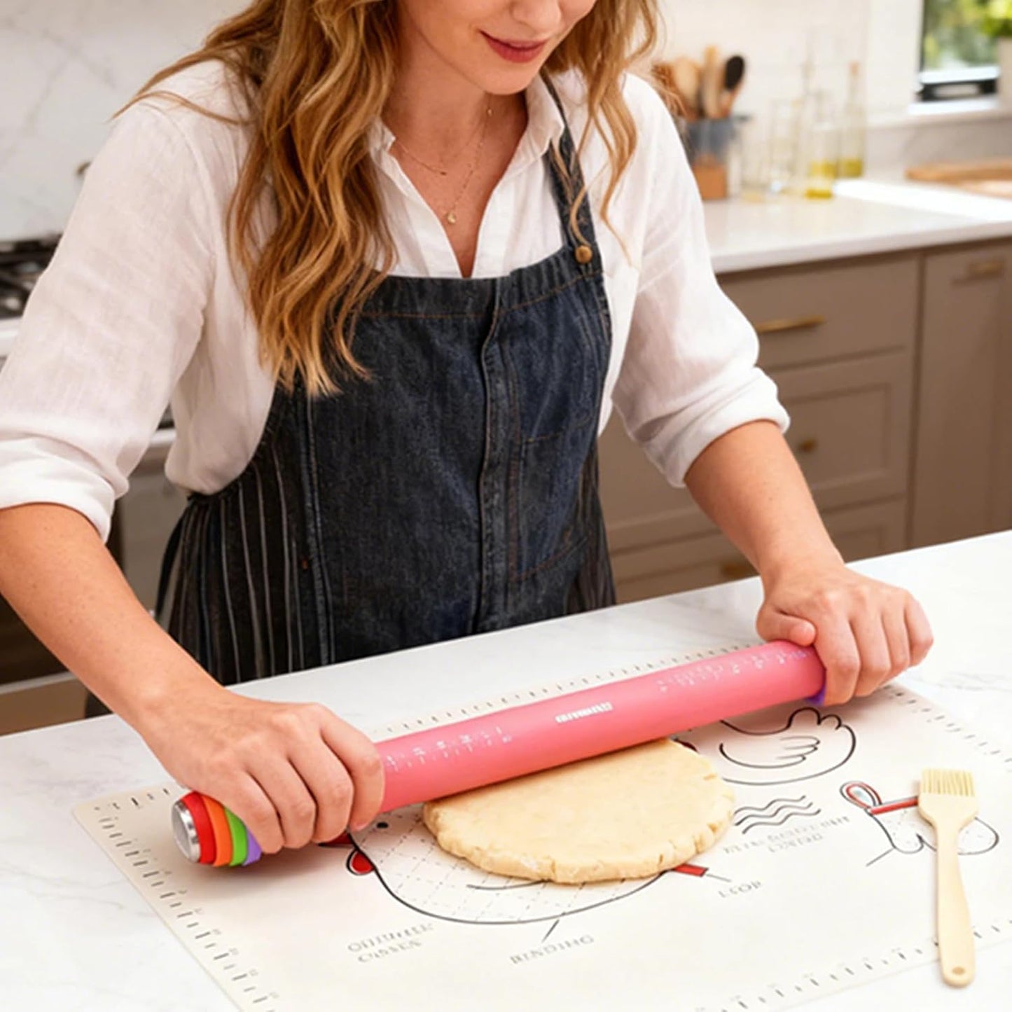Silicone Rolling Pin for Baking,15Inch Pastry Dough Roller with Wooden Handle,Non Stick Surface Rolling Pin for Dough Cookie Pastry Tapered Dumpling Baking Supplies Kitchen Accessories