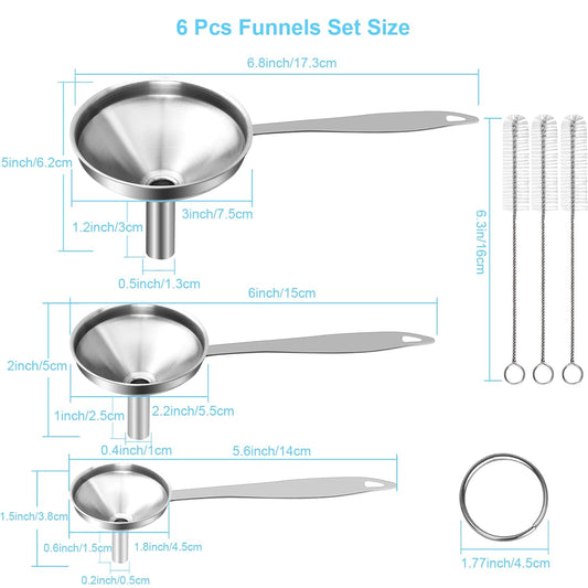 6 Pcs Stainless Steel Mini Funnels for Kitchen use. Large Tiny Small Funnel Set of 3, Metal Cooking Powder Food Grade Flask Funnels for Filling Bottles Liquor Water Spice, 2Pcs Cleaning Brushes VOPTON