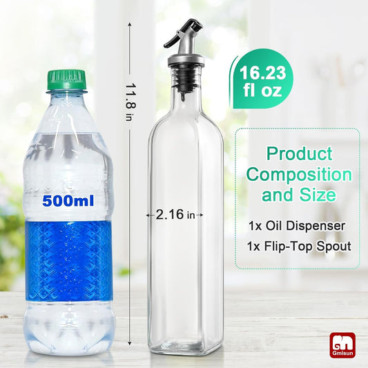gmisun Olive Oil Dispenser for Kitchen, 4 Pack 17 fl oz Glass Oil Dispensers Bottle, Cooking Soy Sauce Bottle Container Cruet with Plastic Pourer Spout, Funnel and Labels, Clear