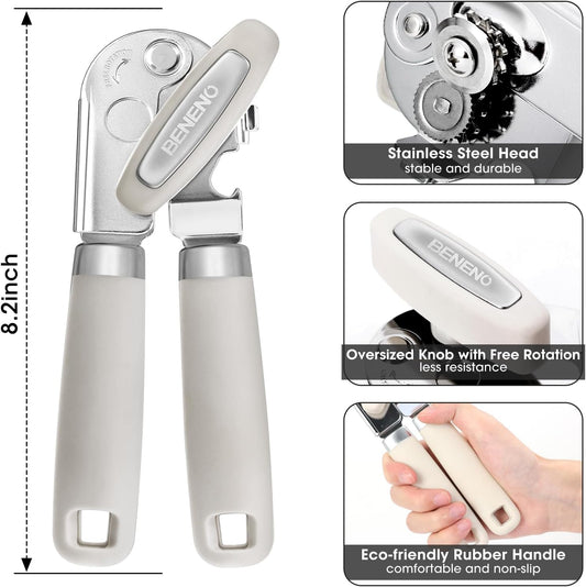 Beneno Heavy Duty Hand Can Opener Manual with Magnet, Durable Sharp Carbon Steel Blade Smooth Cutting, Big Effort-Saving Knob & Soft Grip Handle, Multifunctional Kitchen Tool with Bottle Opener, Green