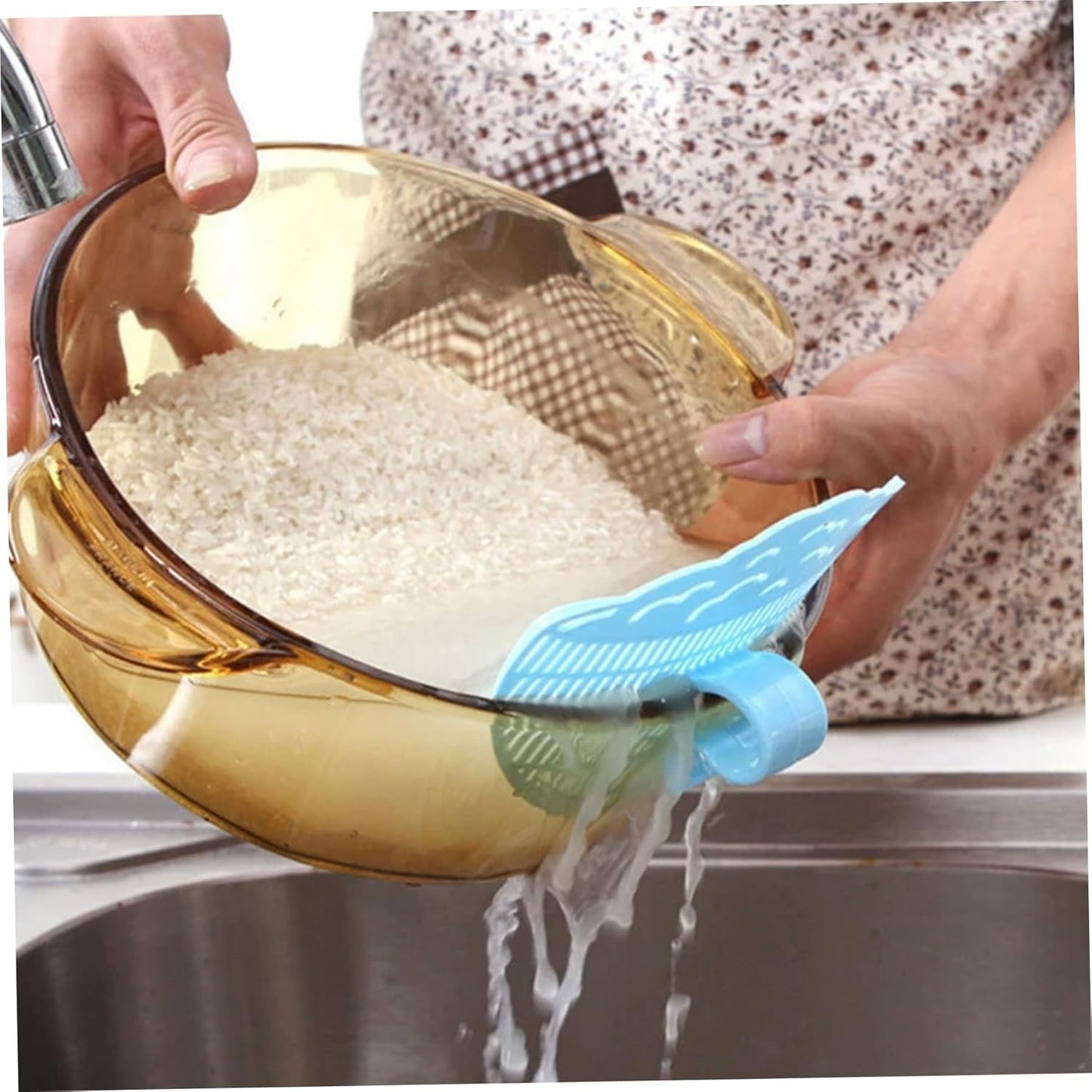 Clip on Strainer 4x5 Inch Food Grade PP "Rice in Bowl" Clip on Strainer for Pots with Smiling Expression for Rice/Noodle/Fruit/Vegetable Washing