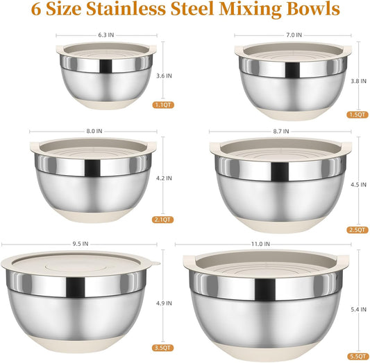 Fyrnova Mixing Bowls with Lids Set, 6 Piece Stainless Steel Nesting Storage Bowls for Kitchen, with 3 Grater Attachments & Non-Slip Bottoms, Size 5.5,3.5,2.5,2.1,1.5,1.1 QT