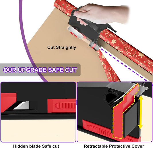 Upgrade 2 Pack Wrapping Paper Cutter &Tape Dispenser Dual Use, Gift Wrap Cutter Tool with 4 Tapes, 2 Replace Blades Kit for Rolls Paper, Perferct for Christmas Birthday, Easy Cut for Present Wrapping