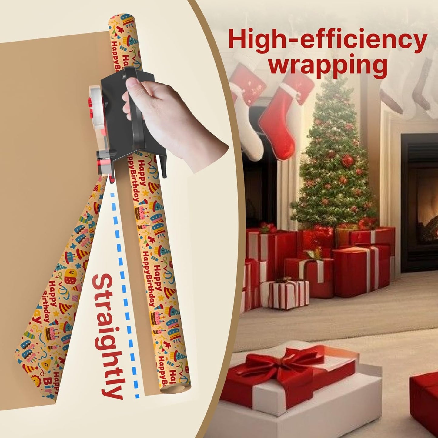 Upgrade 2 Pack Wrapping Paper Cutter &Tape Dispenser Dual Use, Gift Wrap Cutter Tool with 4 Tapes, 2 Replace Blades Kit for Rolls Paper, Perferct for Christmas Birthday, Easy Cut for Present Wrapping