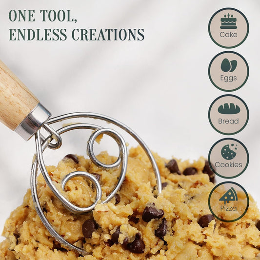 Danish Dough Whisk, Sourdough Bread Whisk with Wooden Handle, 13-Inch Stainless Steel Single Loop Dough Mixer for Bread Making, Pizza Dough, Batter and Pastry