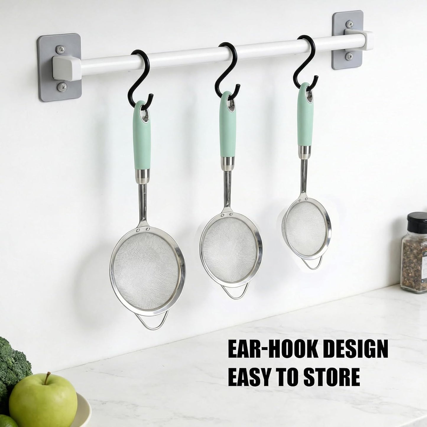 Stainless Steel Fine Mesh Strainer Set (3 Sizes 12/14/18cm, 40 Mesh) – 304 Food Grade, For Pasta, Rice, Flour & Tea – Reinforced Handle, Hook Rest, Heat-Safe Grip, Dishwasher Safe