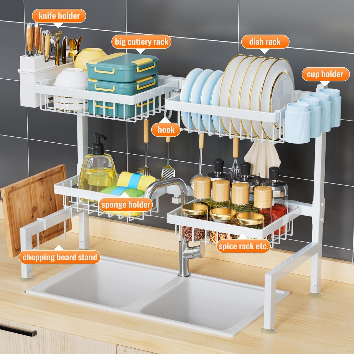 YKLSLH 4 Baskets Over The Sink Dish Drying Rack, Extendable Large Capacity Sink Rack, Metal Drying Rack Saving Space,for Most Sinks (26.57"-35")