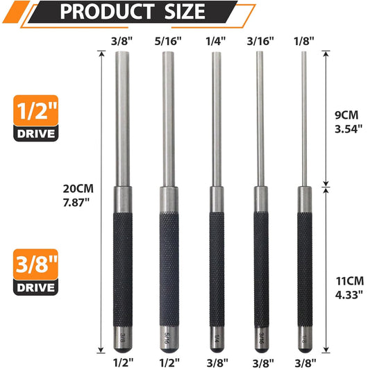 WHLLING 5-Piece Roll Pin Punch Set, 8-Inch Carbon Steel Pin Punch Set with Knurled Grip, Pin Diameter 1/8", 3/16", 1/4", 5/16" and 3/8"