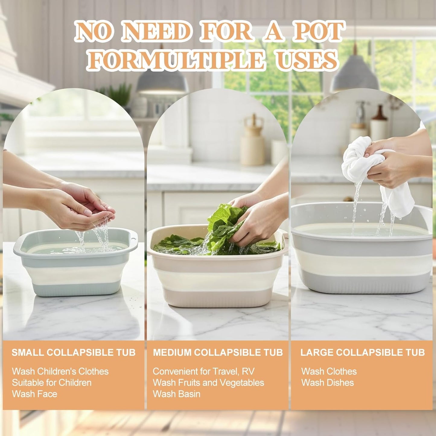 3 Set Collapsible Colander and Sink Basin 2-4-8 Qt Dish Pan and Strainer Set with Drain Holes 2-in-1 Foldable Fruit Vegetable Washing Basket for Kitchen Camping Travel (Green, Pink, Gray)