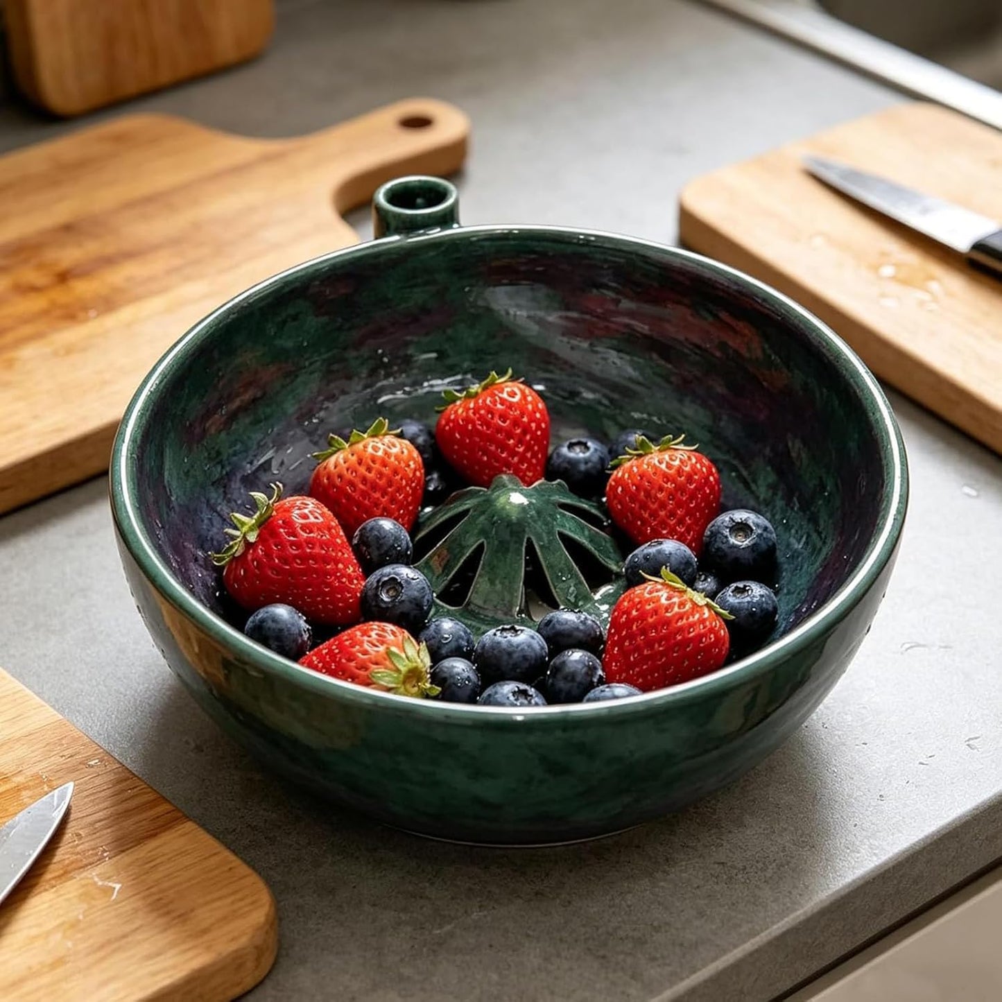 Pod Pottery Berry Washing Bowl Ceramic - Hydro Vortex Fruit Colander with Integrated Drain Spout - 360-Degree Automatic Rotating Rinser for Grapes & Vegetables - Elevated Center Cone (Green)