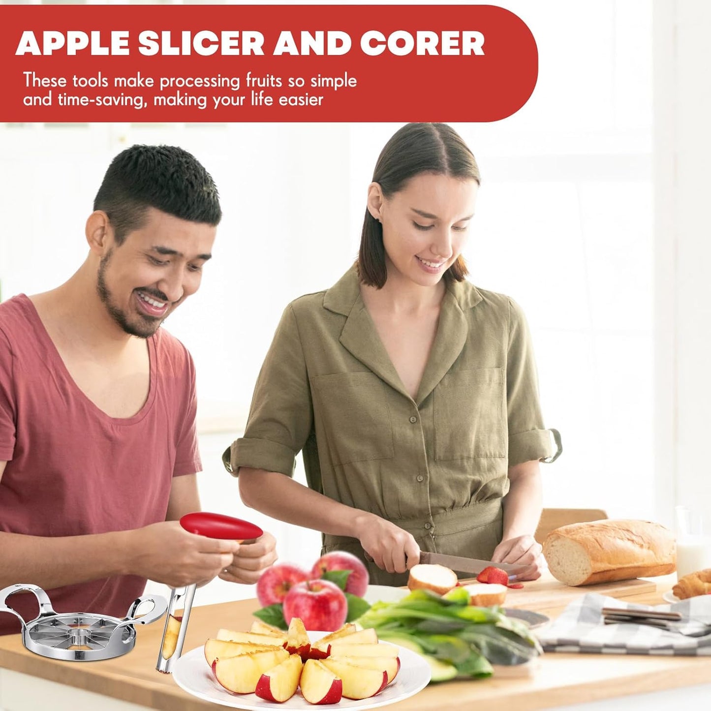 Lasnten Set of 2 Apple Slicer and Corer Set Stainless Apple Corer Apple Core Remover with Non Slip Handles Apple Cutter Apple Slicer 12 Slices for Kitchen Tomato Pear Peach Cutting