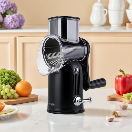 5-in-1 Rotary Cheese Grater Vegetable Slicer with Handle - Upgraded Hand Crank Cheese Grater with Handle and Strong Suction Base, Multi-Purpose Slicer with 5 Blades (Black)
