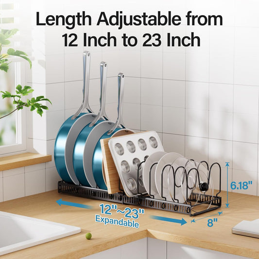 ORDORA Pots and Pans Organizer under Cabinet, Expandable 11.8"-22.8" Pot Lid Holder with 12 Adjustable Dividers, Pan Organizers inside Cabinet for Kitchen Cookware Bakeware, Black