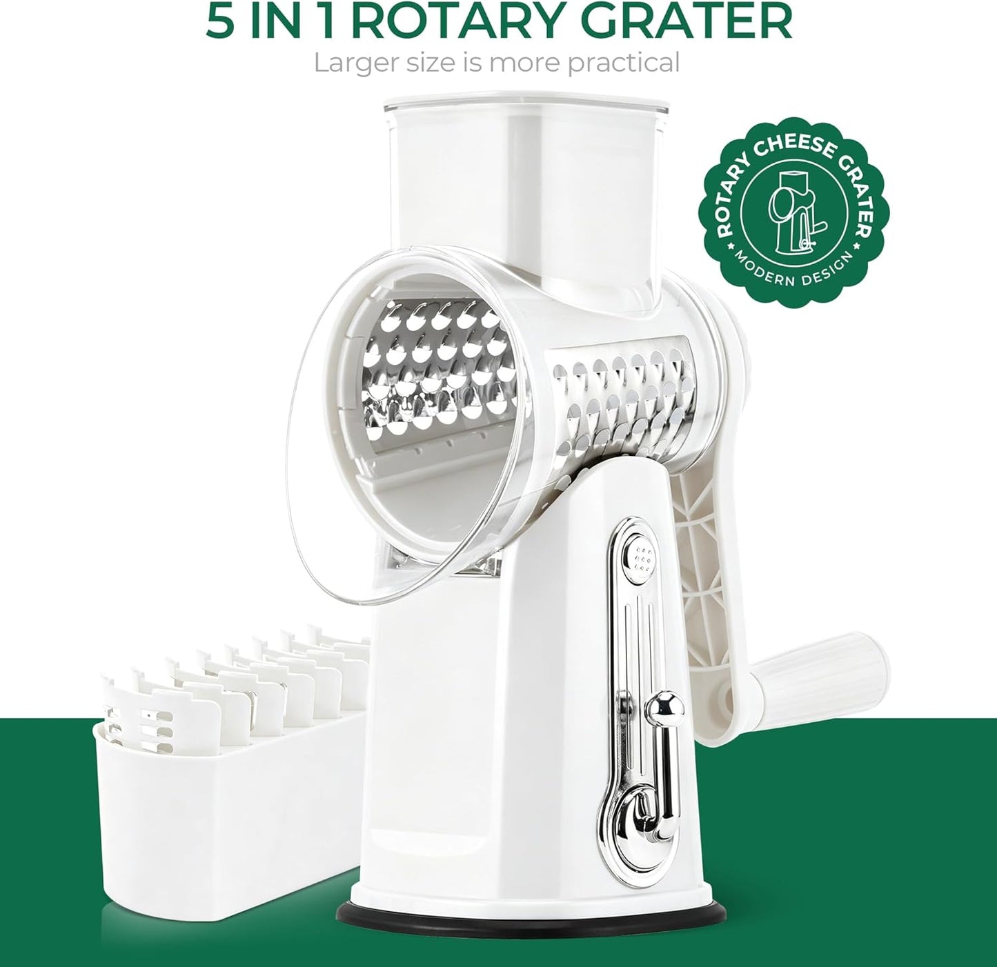 SUSTEAS Rotary Cheese Grater with Handle - Vegetable Shredder with 5 Well-designed Blades & Strong Suction Base,Round Mandoline Slicer & Food Chopper for Kitchen,with Blade Storage Box(Beige)