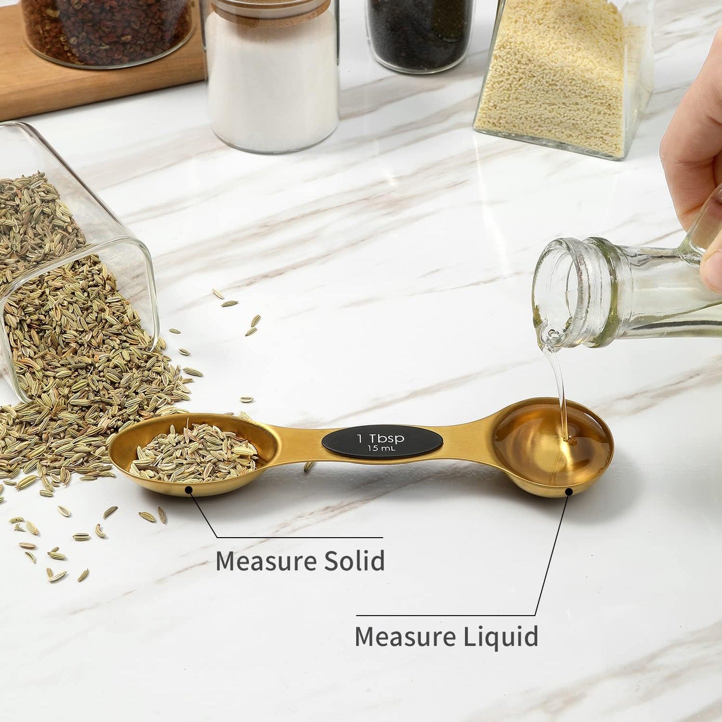 Magnetic Measuring Spoons Set, Stainless Steel, Dual Sided, Stackable, Dual Sided for Measuring Dry and Liquid Ingredients, Fits in Spice Jars, Set of 8(Gold )