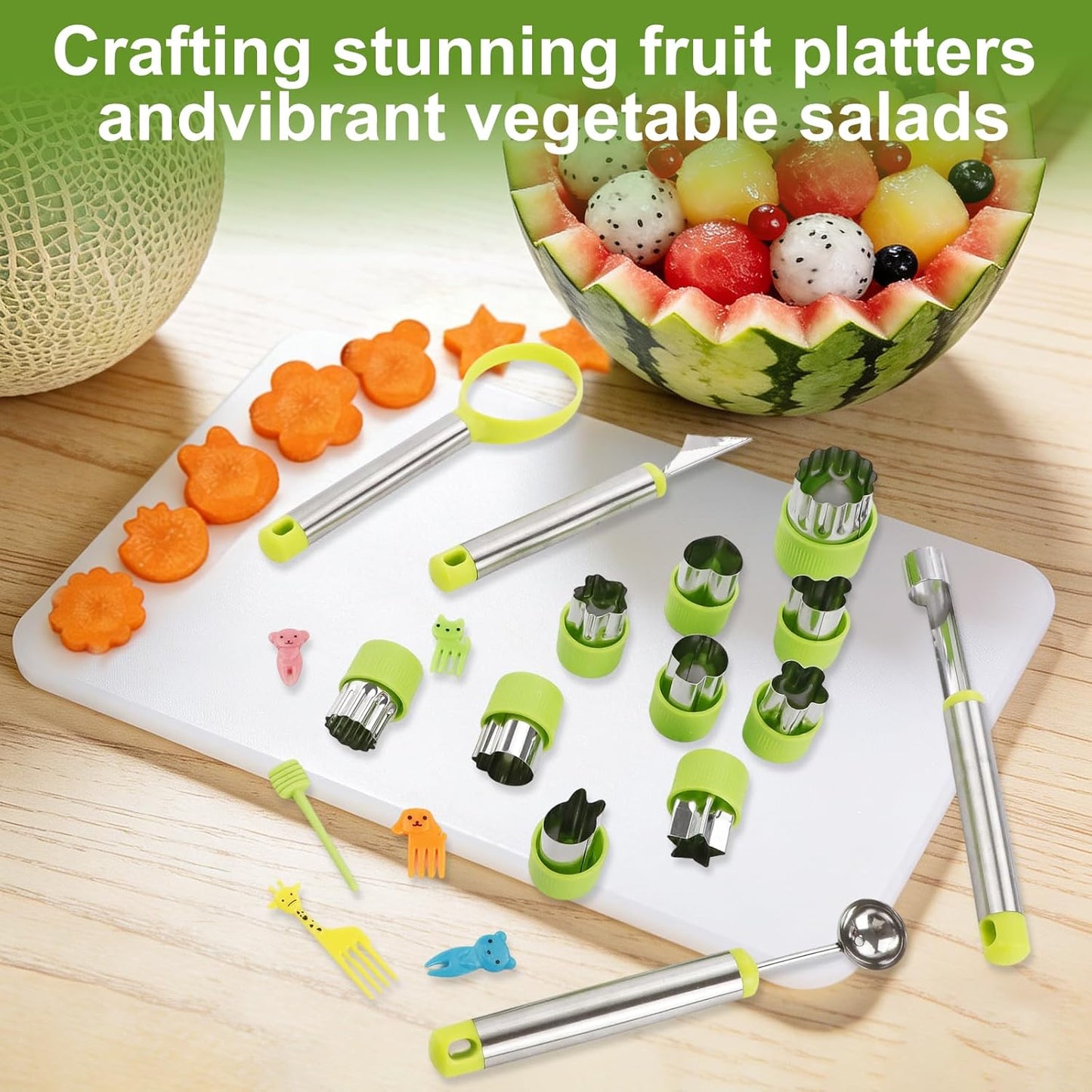 24 Pack Fruit Carving Tools Set Melon Baller Scoop Set, Vegetable Cutter Shapes with Cartoon Animals Food Picks for Kids Lunch, V Tool for Fruits Vegetable Sculpting