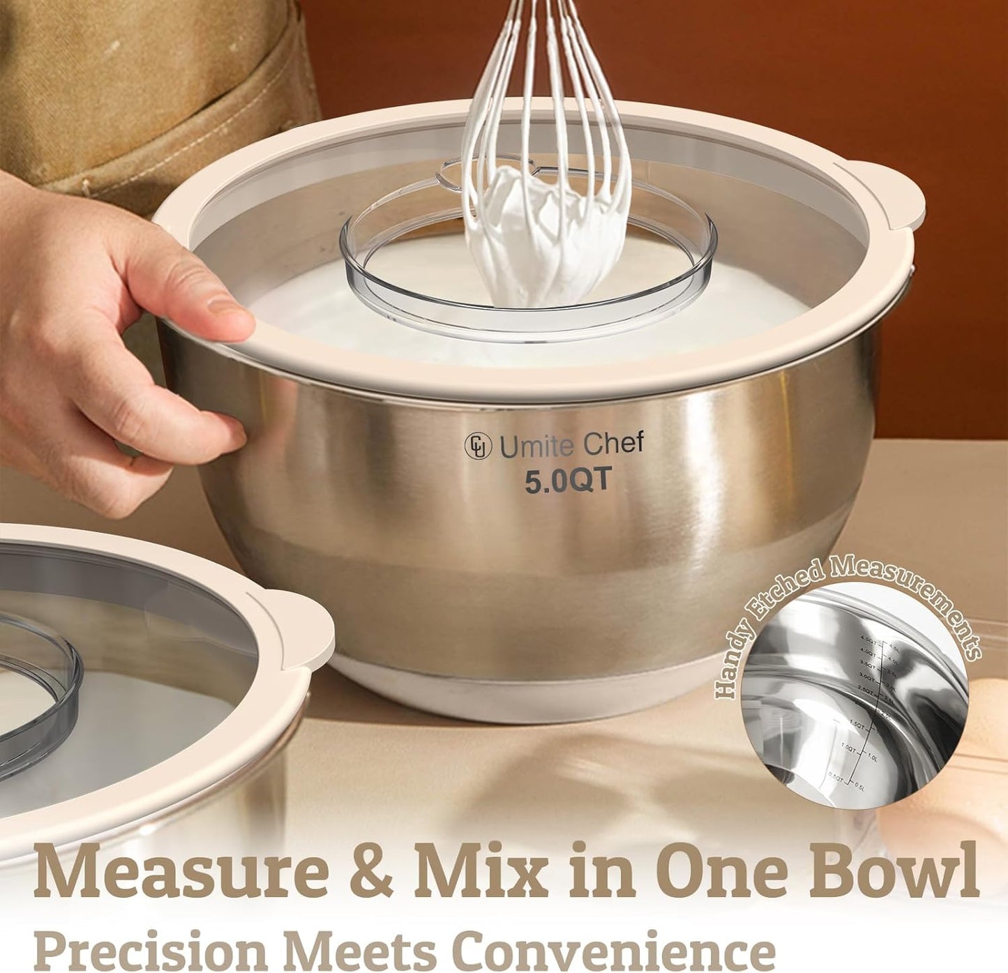 Mixing Bowls with Lids Set - Non-Slip, Airtight Warp-Proof TPR-AS Lids, Thicker Stainless Steel Bowls, Measurement Lines & 3 Graters, Prep Meal Bowl, Black Nesting Bowl for Kitchen, 5/3/2/1.5/0.63QT