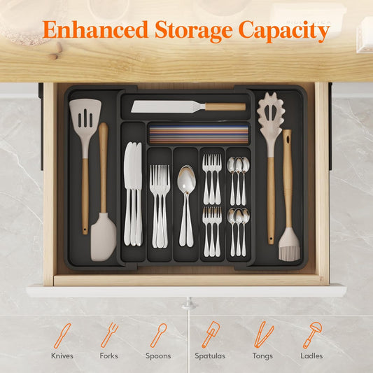 Lifewit Utensil Organizer for Kitchen Drawer, Expandable Cooking Silverware Tray, Adjustable Cutlery Flatware Holder, Plastic Spatula Tools Storage Divider, 14.4 x 15.8", Black