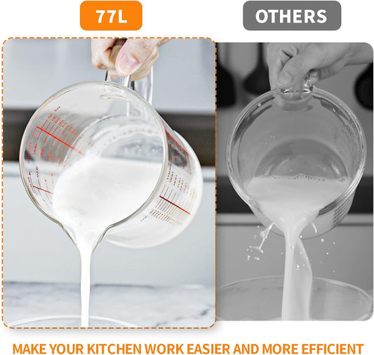 77L Glass Measuring Cup, 4-Cup/1000 ML Liquid Measuring Cups, Measuring Cup With Handle and V-Shaped Spout, Glass Beaker with Three Scales (OZ, Cup, ML), Dishwasher/Freezer/Microwave Safe