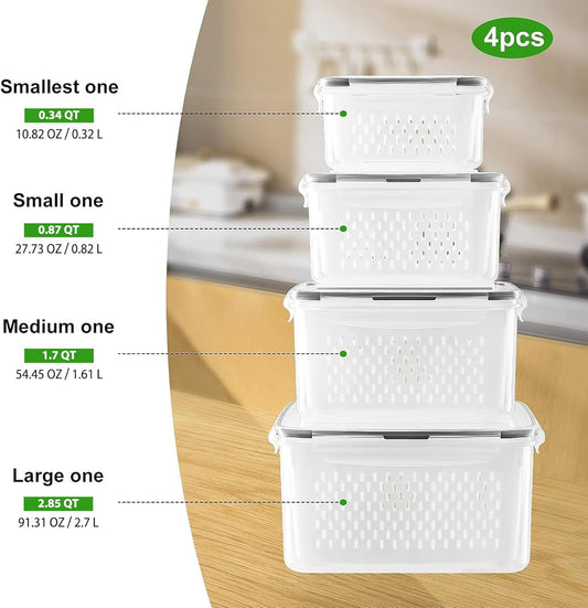 Freshmage Fruit Storage Containers for Fridge with Removable Colander, Airtight Food Storage Container, Dishwasher Safe Produce Saver for Refrigerator, Keep Berry Fruit Fresh Longer 4 pcs Small Clear