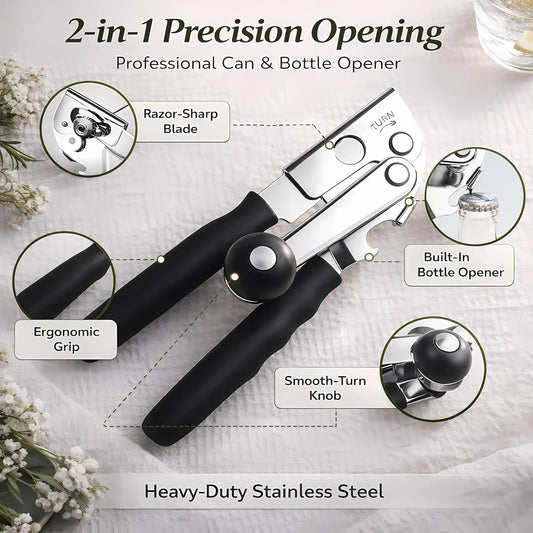 Manual Can Opener, Heavy Duty Stainless Steel, Magnetic Lid Lifter, Ergonomic Soft-Grip Handles with Bottle Opener (black)