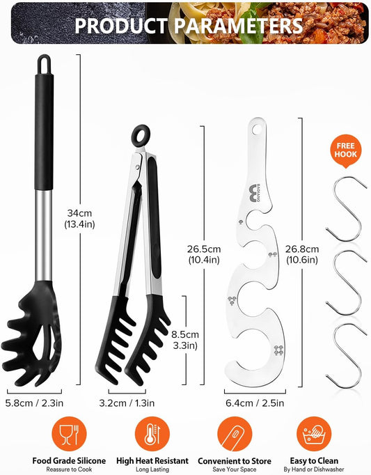 Silicone Spaghetti Spoon & Pasta Tong With Pasta Measurer, 3 Pack of Non-Stick Stainless Steel Handle Pasta Fork Set with Teeth, Food Clip for Easy Serving of Noodles (BLUE)