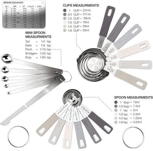 CuttleLab 22-Piece Stainless Steel Measuring Cups and Spoons Set, Tad Dash Pinch Smidgen Drop Mini Measuring Spoons, Measuring Stick Leveler, Measurement Conversion Chart Fridge Magnet, (Country Chic)