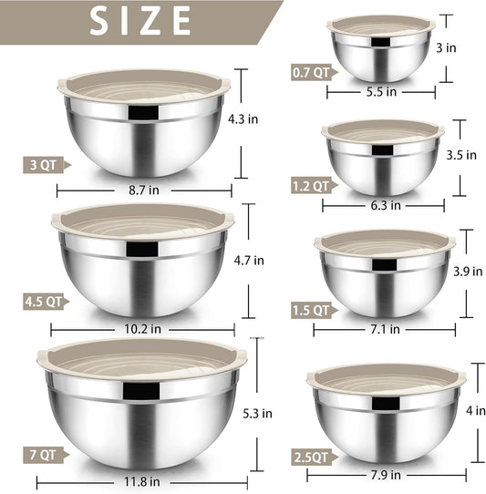 TeamFar Mixing Bowls with Lids, 7 Pieces Stainless Steel Metal Nesting Salad Bowls for Baking Prepping Serving, 7, 4.5, 3, 2.5, 1.5, 1.2, 0.7 QT, Non-Toxic & Sturdy, Airtight Lid & Easy Clean, Khaki