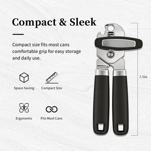 Can Opener Manual, Hand Heavy Duty Stainless Steel Bottle Opener Comfortable Handle, Sharp Blade Smooth Edge, Multifunctional Kitchen Tool, Black