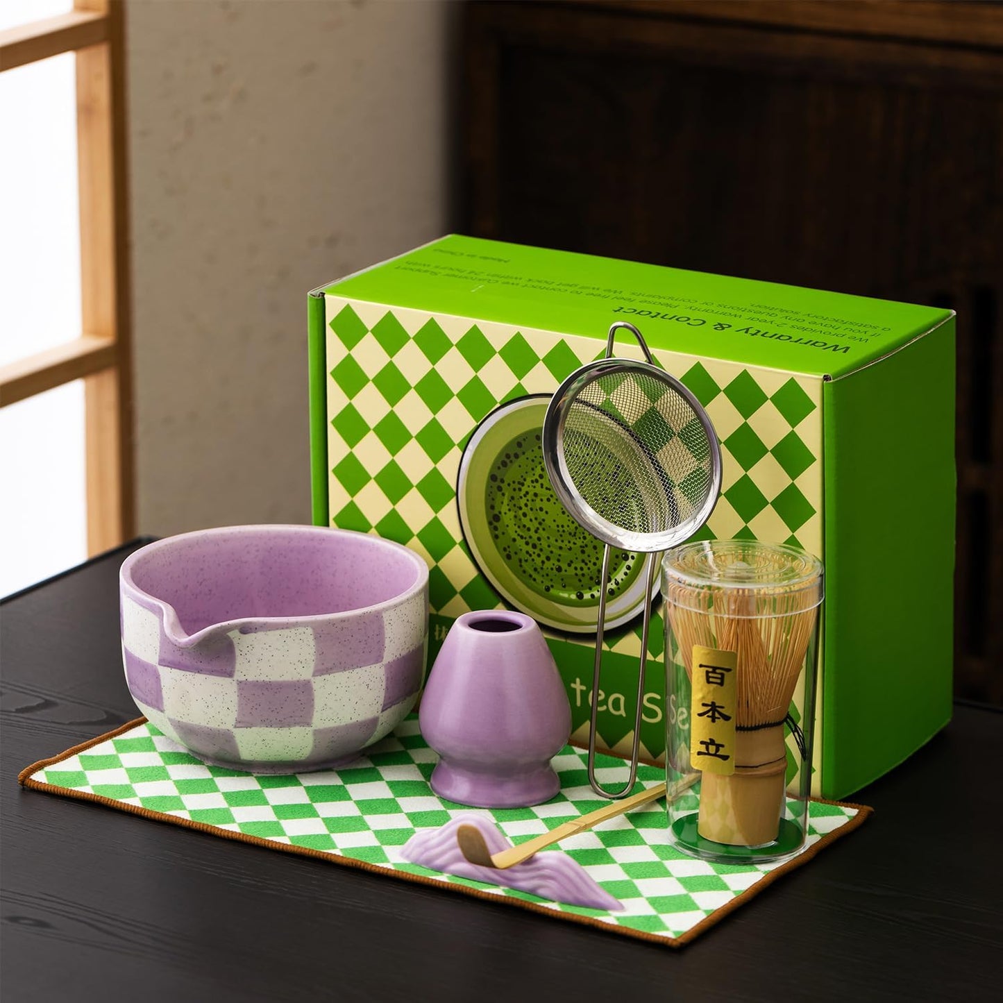 Premium 7-Piece Matcha Tea Set – Traditional Japanese Style with Elegant Grid Pattern, Includes Bamboo Whisk, Ceramic Bowl, Scoop & More – Perfect for Matcha Lovers & Tea Ceremony (Orange grid)