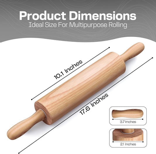 Wooden Rolling Pin 17.6 Inch with Rotating Ergonomic Handles – Classic Beech Wood Dough Roller for Baking Pizza, Pastry, Bread, and Cookies