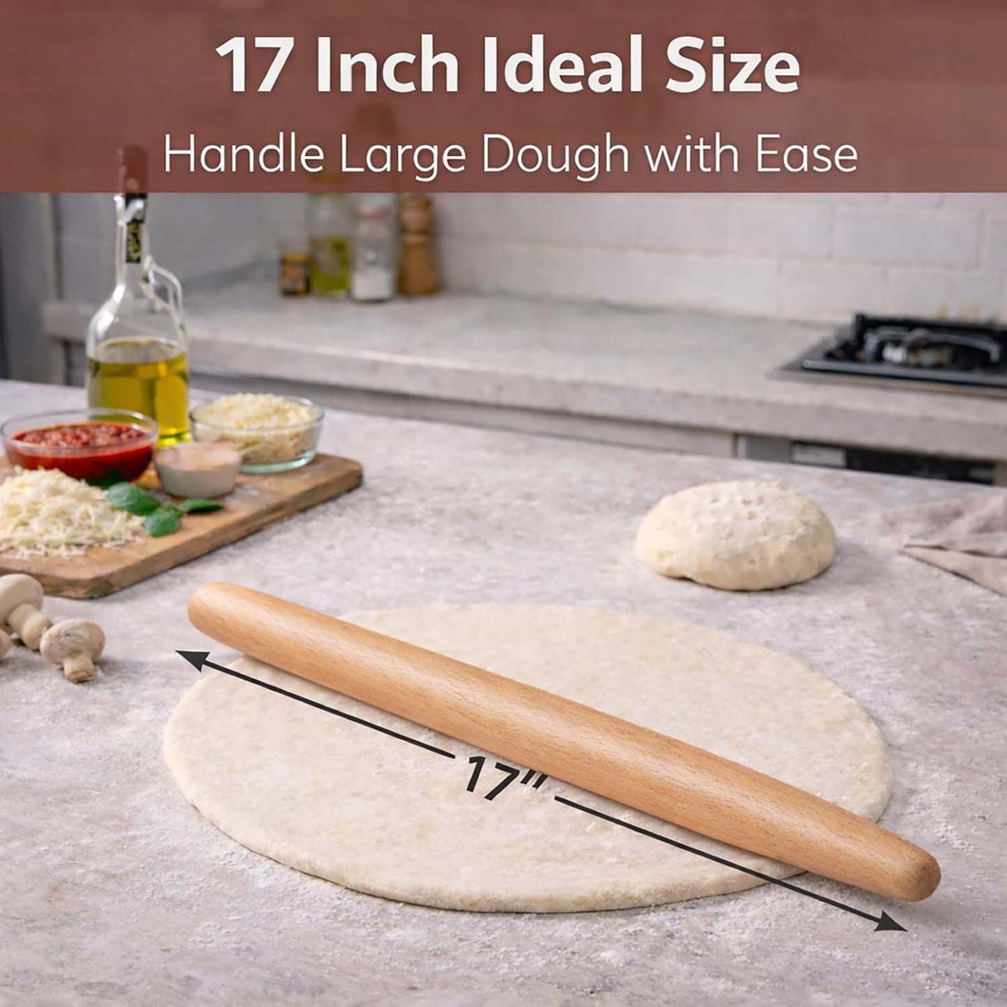 17 Inch French Rolling Pin, Wooden Dough Roller for Baking, Solid Wood Tapered Rolling Pin for Pizza, Pie Crust, Cookies, Pastry, Non-Stick, Easy Control Kitchen Baking Tool, European Beech Wood