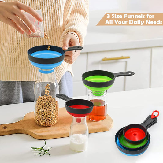 Funnels for Filling Bottles, Wide Mouth Canning Funnel for Kitchen Use Mason Jars, Small Funnel for Transfer Liquid, Oil and Powder, Food Grade Silicone Collapsible Filter Set (3 Pack)