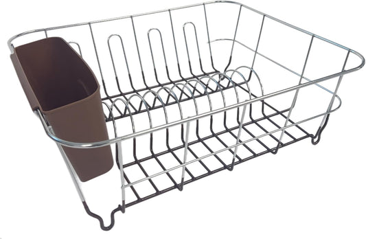 Dish Drying Rack & Cutlery Holder 2 Piece Set - Compact Sink-Fitting Dish Drainer with Rubberized Undercoating, Space-Saving Kitchen Organizer for Plates, Cups, Bowls & Utensils in Sink, Silver