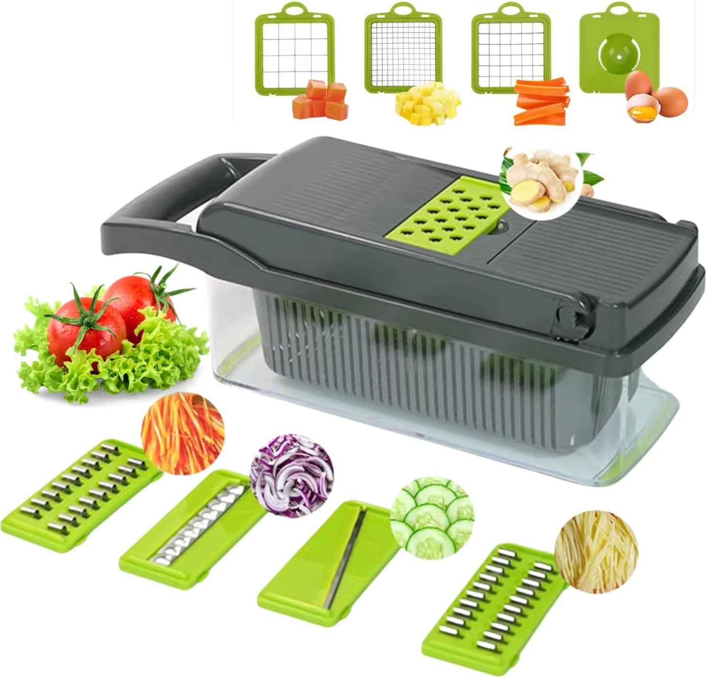 Vegetable Chopper Dicer with Container Cheese Grater Mandoline Slicer Cabbage Shredder French Fry Cutter Stainless Steel For Veggie Onion Potato Fruit Food,Manual Hand Cooking Gadget for kitchen