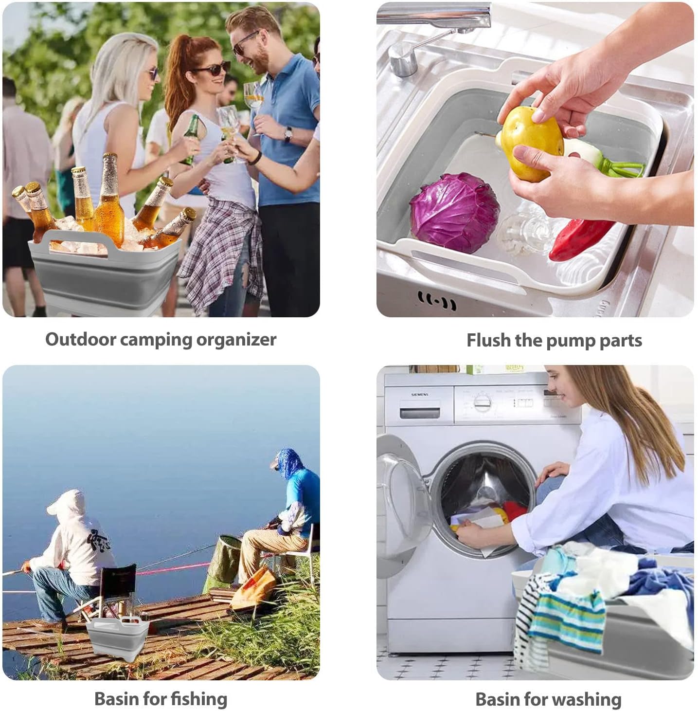 Ikaufen 2PCS Dishpan for Washing Dishes, 9L(2.4Gallon) Collapsible Wash Basin with Drain Plug Carry Handles, Collapsible Bucket for Cleaning, Vegetable Washing, RV(Green + Grey)