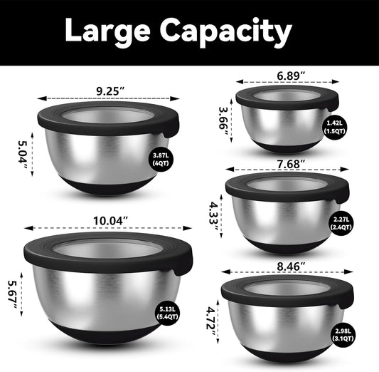 KITEISCAT Stainless Steel Mixing Bowls with Lids – Set of 5 Large Nesting Metal Bowls for Kitchen, Baking, Cooking, Food Prep & Storage, Non-Slip Base, Dishwasher Safe,Khaki
