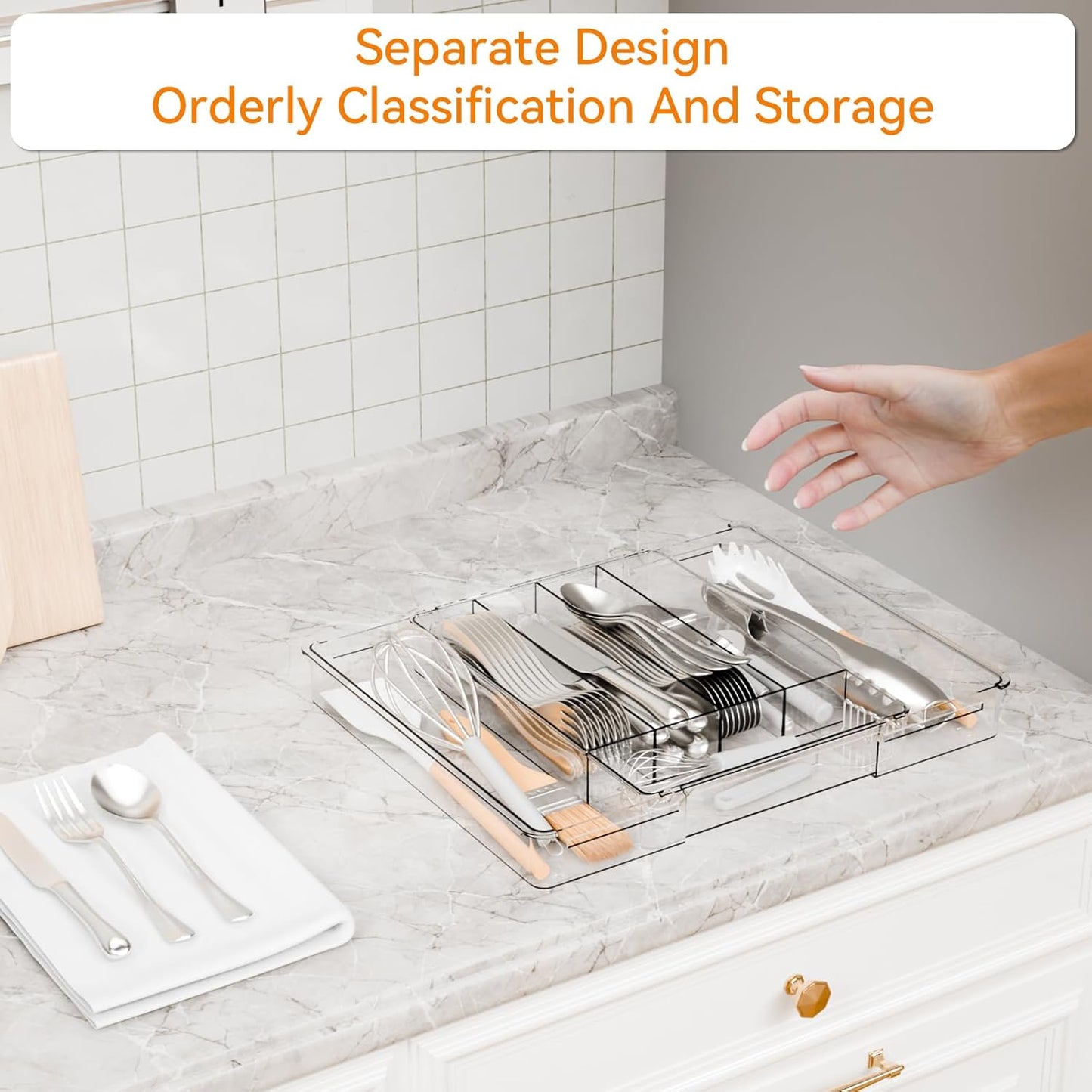 Yieach Clear Expandable Silverware Drawer Organizer,9.4-15.6In Adjustable Silverware Tray for Drawer,Acrylic Kitchen Utensil Drawer Organizer for Cutlery,Flatware Organizers and Fork and Spoon Holder